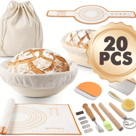 9-inch round and 10-inch oval bread proofing baskets with linings - Natural rattan proofing set with marking tools and linen lining