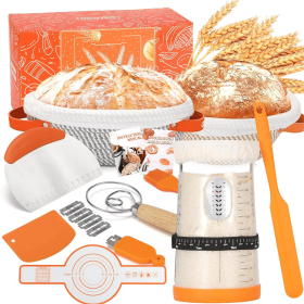 Sourbough Starter Kit, 34oz Sourbough Starter Jar, 2 Cotton Rope Banleton Bread Baskets, with Slices, Spatula, Straps