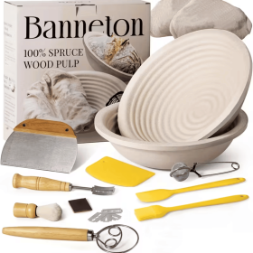 The yeast bread basket set includes a proofing bowl, a lid, a dough mixer, a dough grater, and a scraper. It is 9 inches in diameter