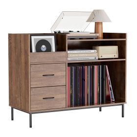 Record Player Stand With Adjustable Shelves, Holds 350 Vinyls, Media Console With Speaker Shelf & 2 Drawers, 27.6 Turntable TV Stand For Living R (Option: Brown)